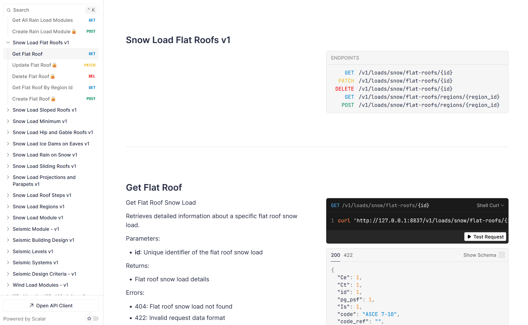 Interactive API documentation showing Snow Load Flat Roofs endpoint with detailed parameter documentation and example responses